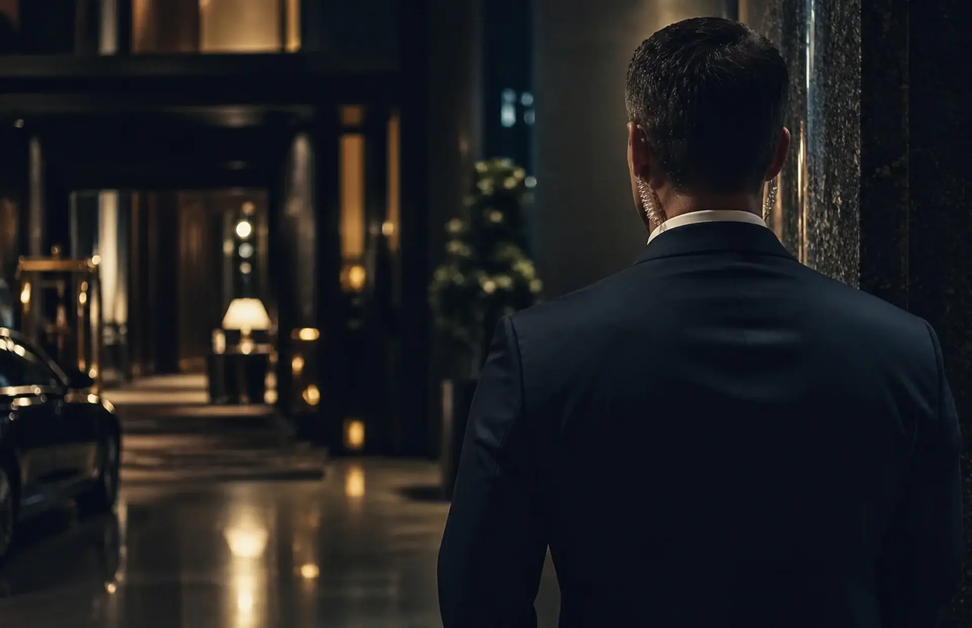 Close protection officer standing outside an upscale hotel lobby.