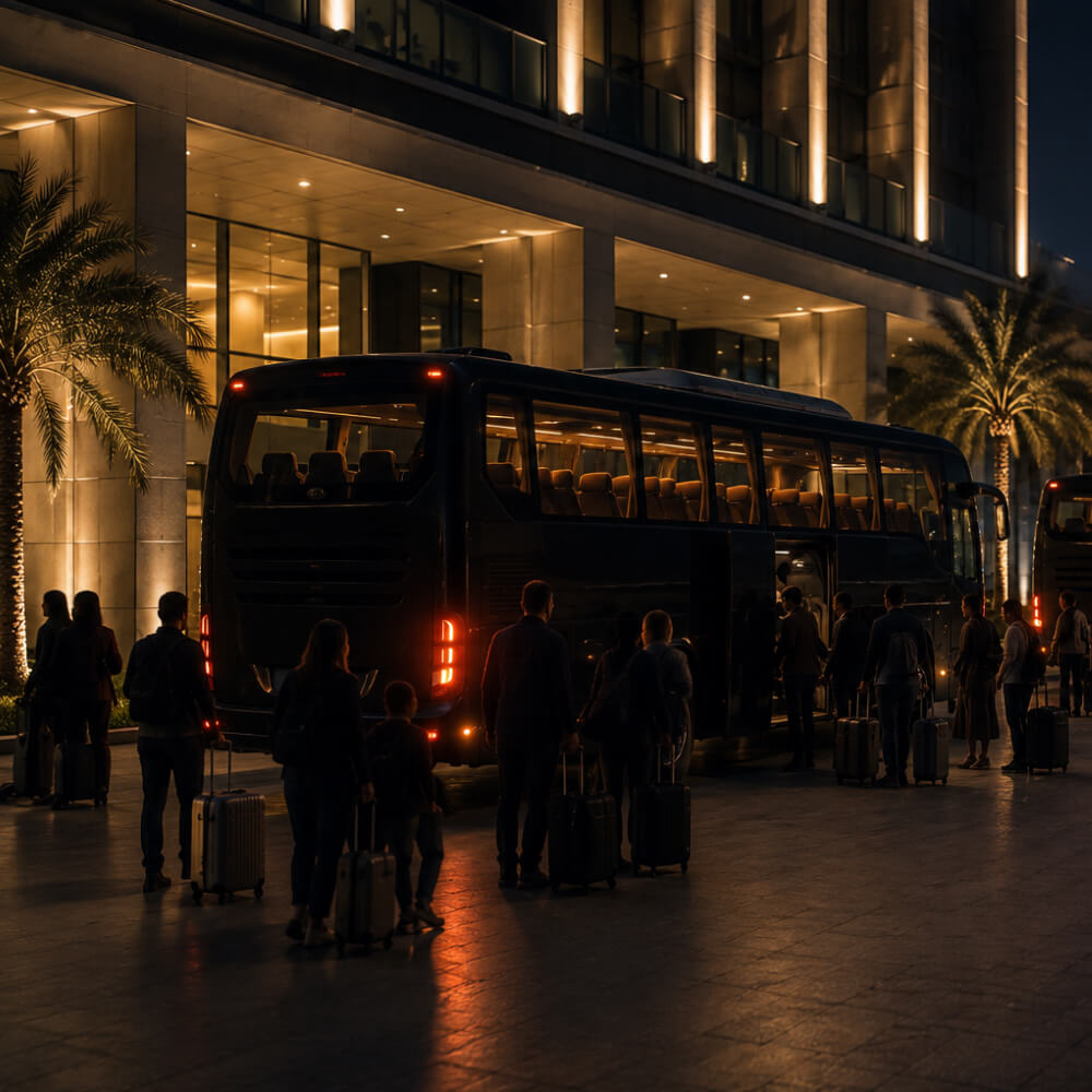 Corporate staff boarding evacuation coaches in Doha during a coordinated overland evacuation operation