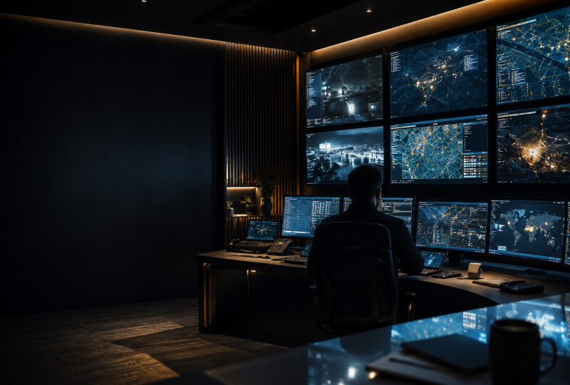 Private security operations centre monitoring live intelligence for emergency extraction and corporate evacuation planning
