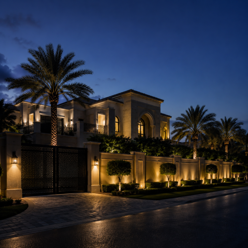Residential security in Dubai featuring a luxury villa with secure perimeter walls, controlled lighting and an empty driveway.