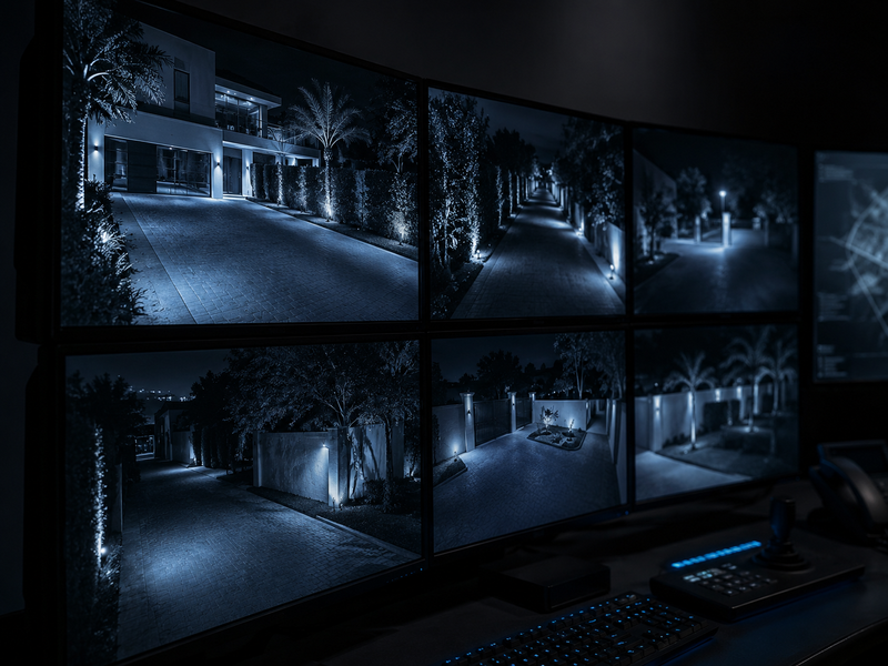 24/7 security operations centre monitoring CCTV feeds of a luxury residential property in Dubai.