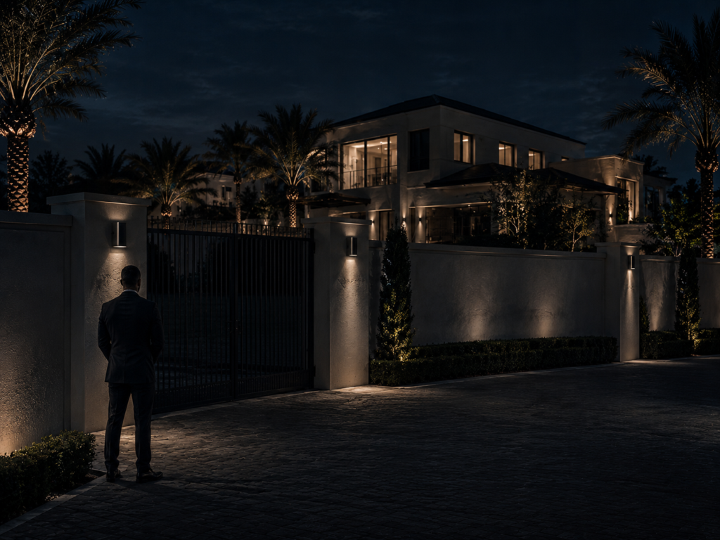 Close protection officer maintaining discreet security outside a luxury Dubai villa with secure perimeter and gated entrance at night.
