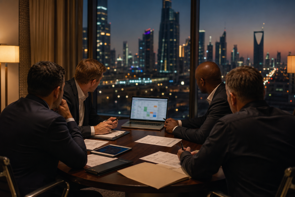 Close protection team conducting an evening operational debrief in Riyadh during executive protection planning for FII.
