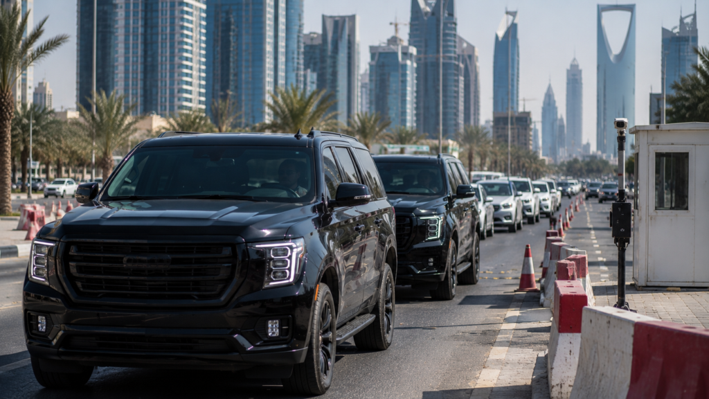 Close protection convoy waiting at an outer security checkpoint during executive protection operations in Riyadh ahead of FII.